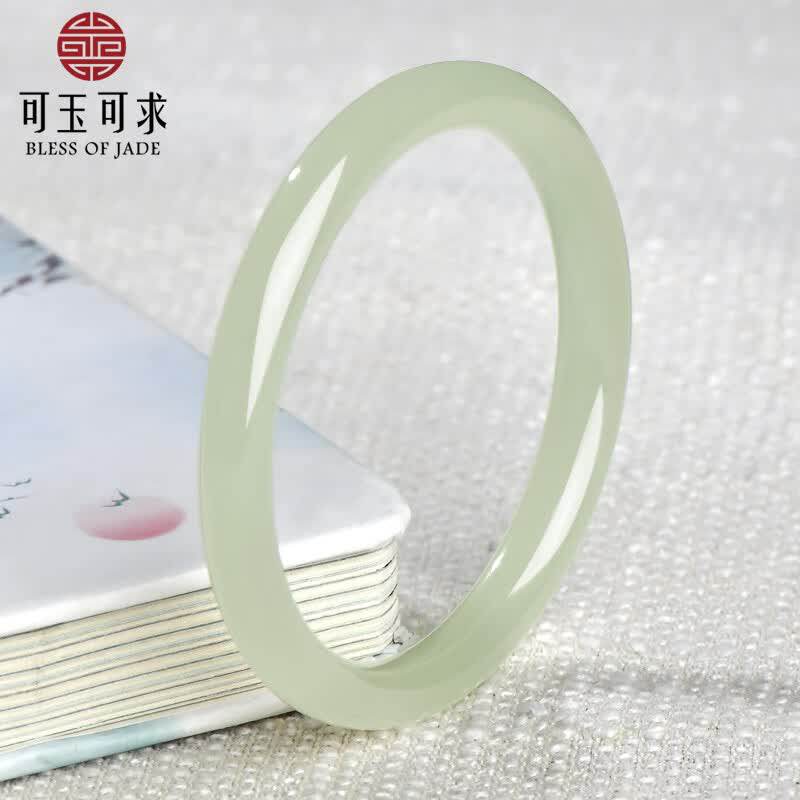 可玉可求浅冰晴和田青白玉手镯圆条玉镯女款正品C6829
