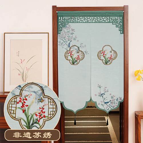 新中式门帘隔断帘新款高档卧室帘免打孔纱帘中国风遮挡帘夏季挂帘