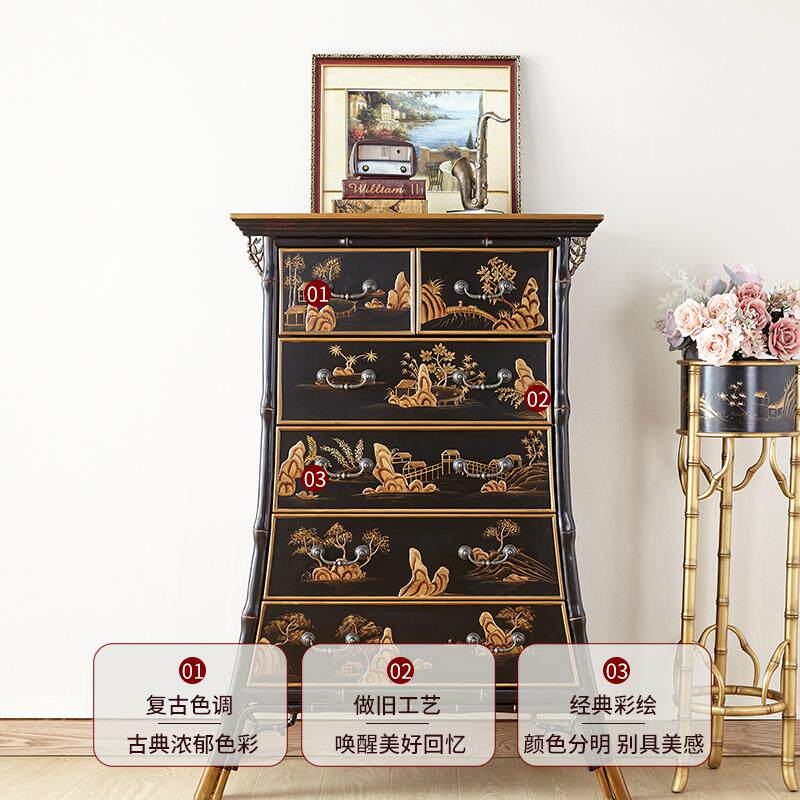 美式六斗柜客厅复古竹节柜主卧中古南洋风手绘装饰收纳置物玄关柜