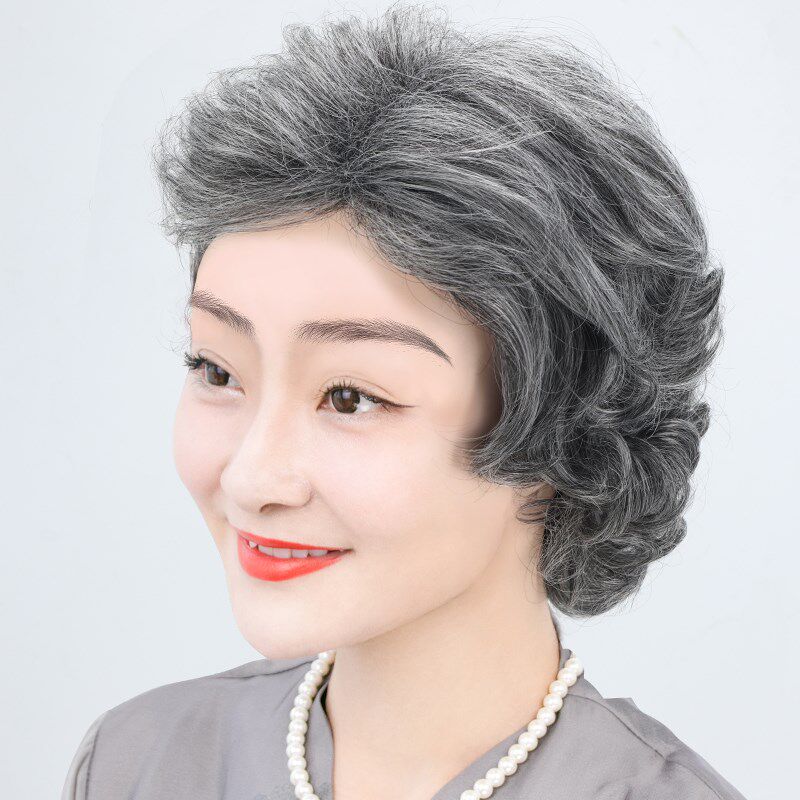 中老年假发女短卷发妈妈款夏天透气女士花白色奶奶假发套全真发