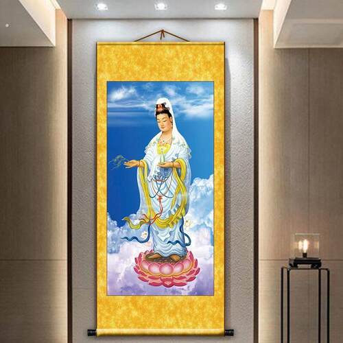 南海观世音菩萨送子观世音菩萨画像供奉丝绢布卷轴装饰画