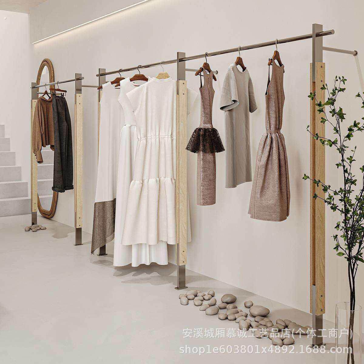 服装店原木色展示架不锈钢上墙挂衣架落地式陈列架女装店衣服货架