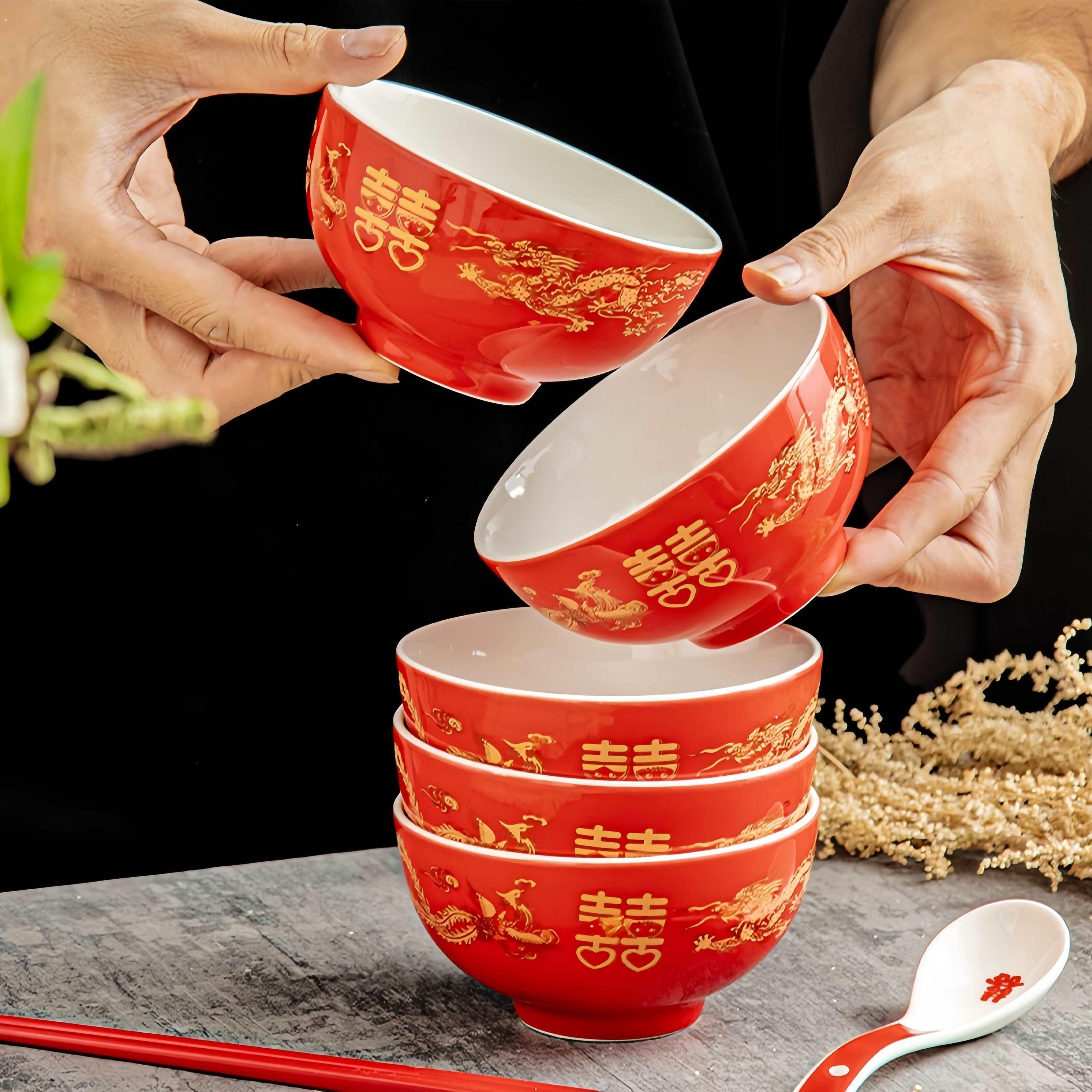 结婚汤圆碗龙凤喜碗中式喜庆陶瓷碗4.5英寸娘家陪嫁碗筷套装礼盒