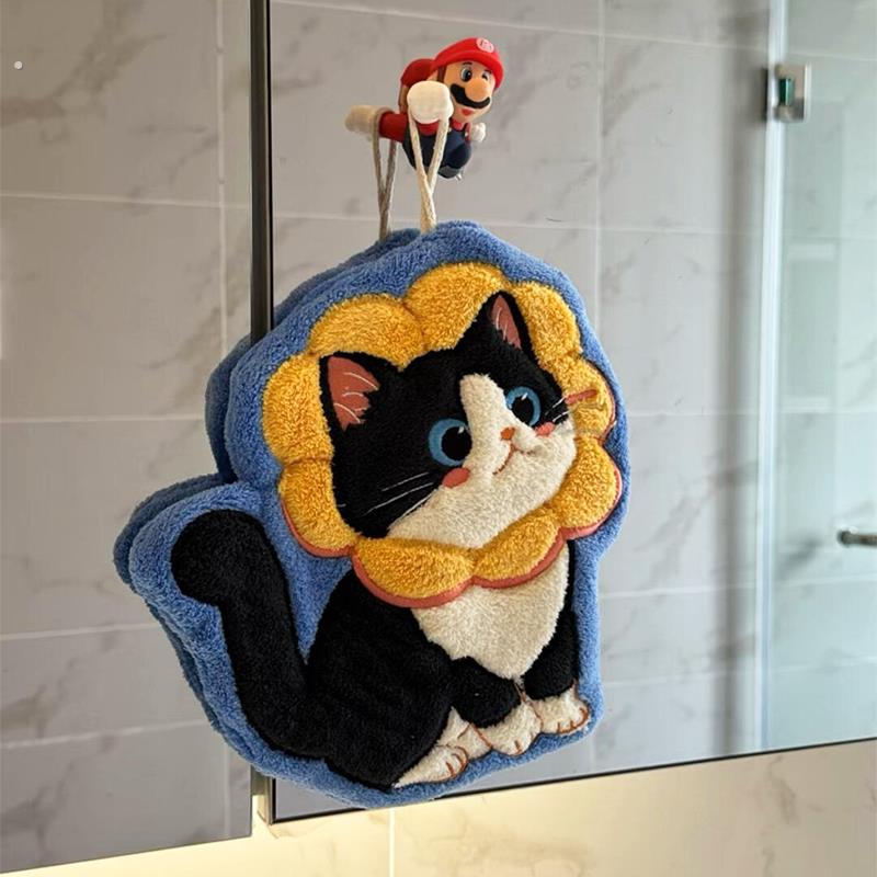 可爱猫咪擦手巾挂式超强吸水加厚毛巾手帕珊瑚绒手巾厨房卫生间