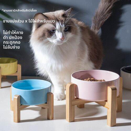 宠物狗食盆狗粮碗猫咪碗陶瓷猫碗加高竹木架保护颈椎防打翻喝水碗