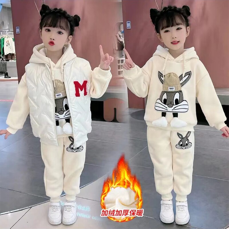 女童秋冬网红三件套新款儿童洋气3女孩5加绒加厚8马甲卫衣9岁套装