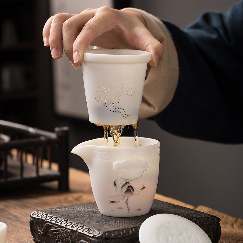 匠仙手绘荷花旅行茶具套装中国风快客杯一壶二杯便携式羊脂玉泡茶