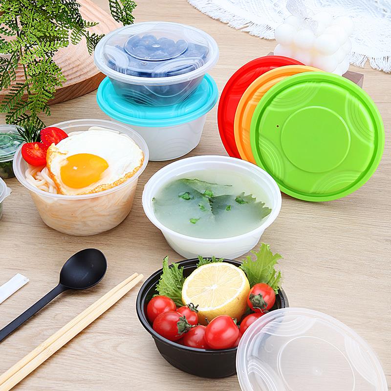 一次性碗320塑料家用圆形汤碗带盖防漏加厚外卖打包餐盒吃饭小碗