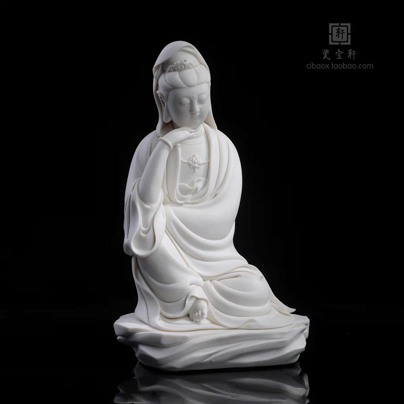 陶瓷静思沉思坐岩石观世音菩萨德化白瓷茶禅意空间家居玄关摆件
