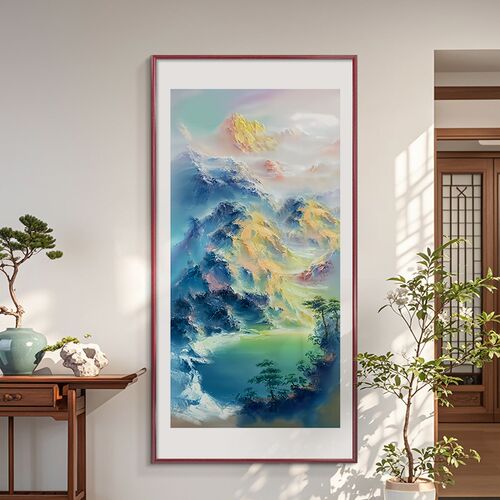新中式入户过道玄关装饰画日照金山聚宝盆山水画挂画西墙聚财壁画