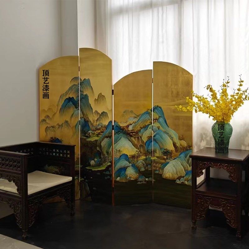 异型手绘金箔银箔漆画屏风移动折叠屏风客厅茶室隔断背景定制尺寸