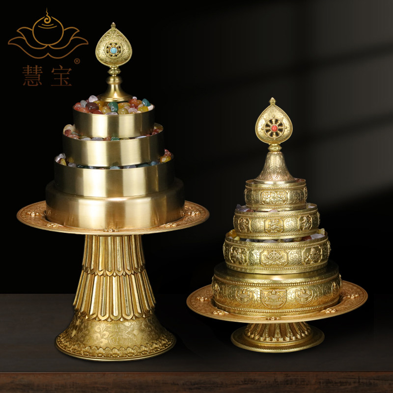 慧宝黄铜多用托盘家用摆件曼扎水果糕点八吉祥高脚供盘堂供碗碟