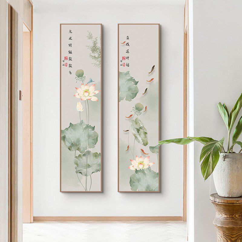 荷花入户玄关挂画竖长条九鱼图新中式装饰画禅意莲花民宿过道壁画