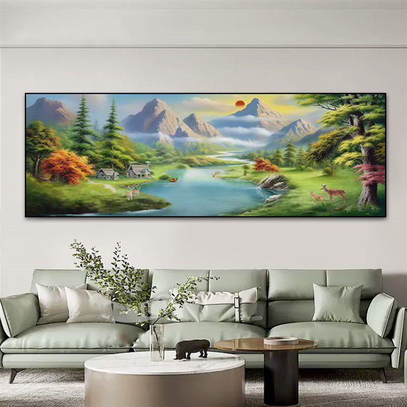 青山绿水挂画客厅沙发背景墙横幅聚宝盆装饰画东西墙山水风景壁画