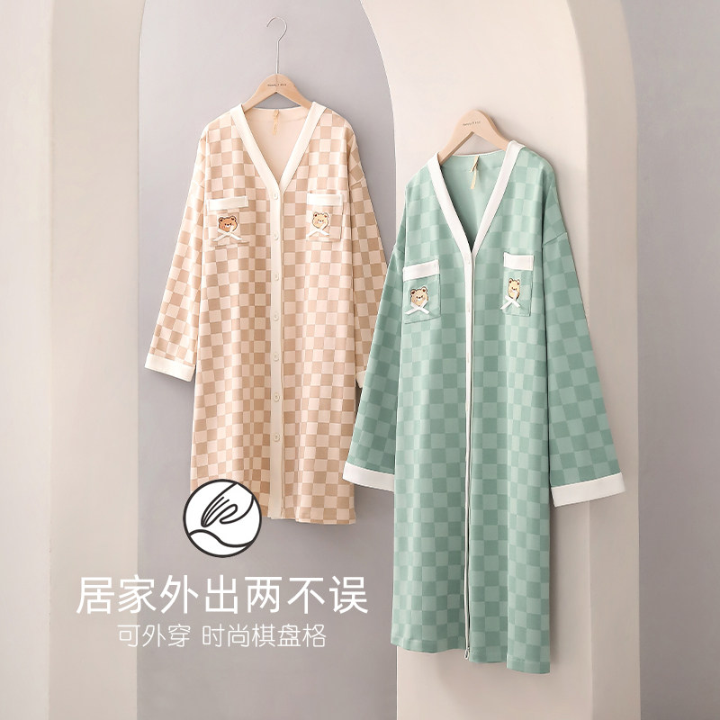 家乐芬睡裙女士睡衣春秋款秋季长袖纯棉薄款开衫长款衬衫大码休闲