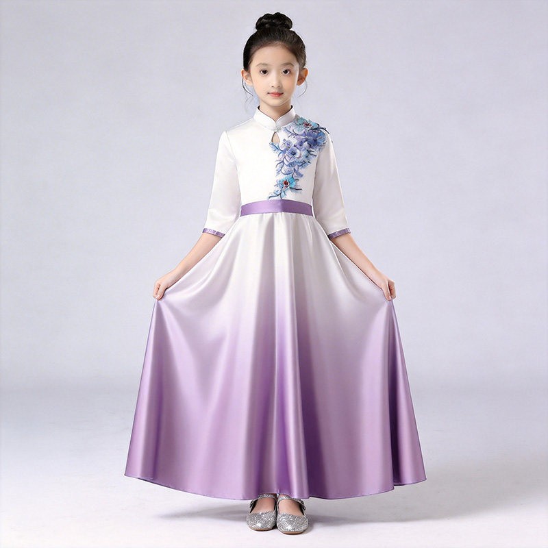 2026新款紫色中式国风大合唱演出服女童刺绣古筝诗歌朗诵表演礼服