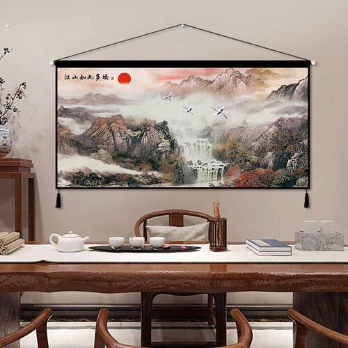中式山水布艺挂画中国风沙发背景墙客厅装饰挂毯电表箱装饰