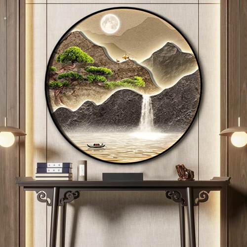 新中式入户玄关装饰画流水生财大气山水挂画客厅灯画茶室圆形壁画