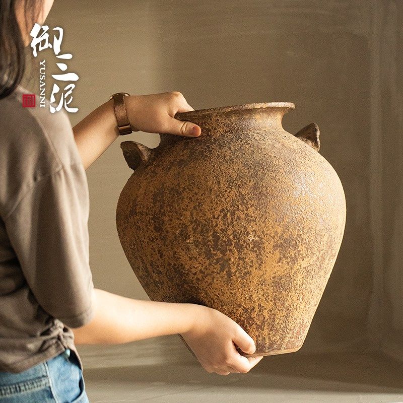 高级感装饰墙格子手工粗陶花器陶罐花瓶手作复古侘寂风摆件罐子