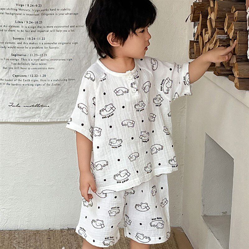 兄妹装睡衣夏纯棉短袖短裤纱布套薄款棉纱儿童宽松睡衣宝宝家居服