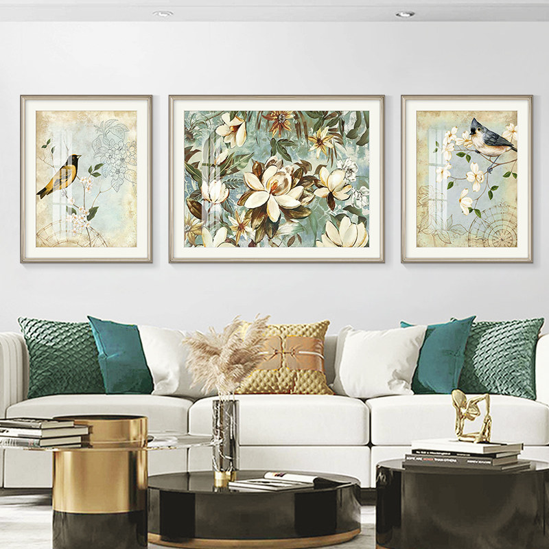 美式乡村田园装饰画客厅挂画法式简美蓝色花鸟三联餐厅背景墙壁画