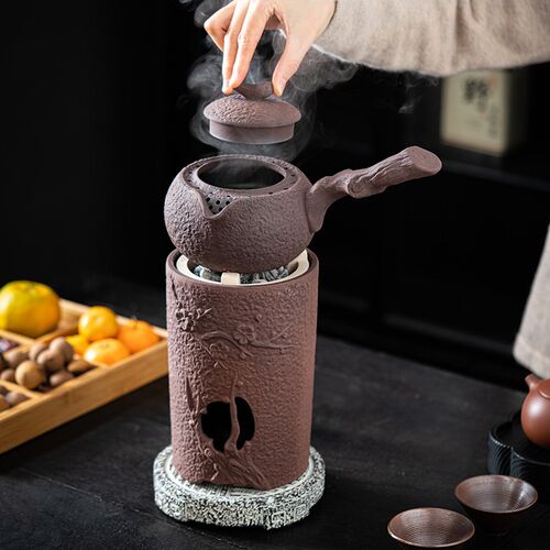 复古粗陶炭炉煮茶壶围炉煮茶可干烧侧把壶酒精炉家用煮茶器茶具