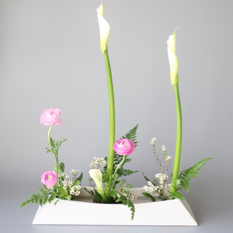 日式插花小原流陶瓷花器船型排列式花盆白色长条形创意花艺器皿盘