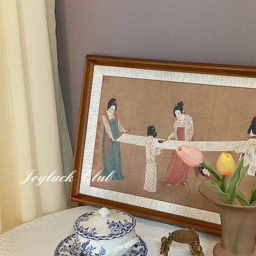 喜福会新中式捣练图复古柚木色小众中古艺术书房茶楼样板间装饰画