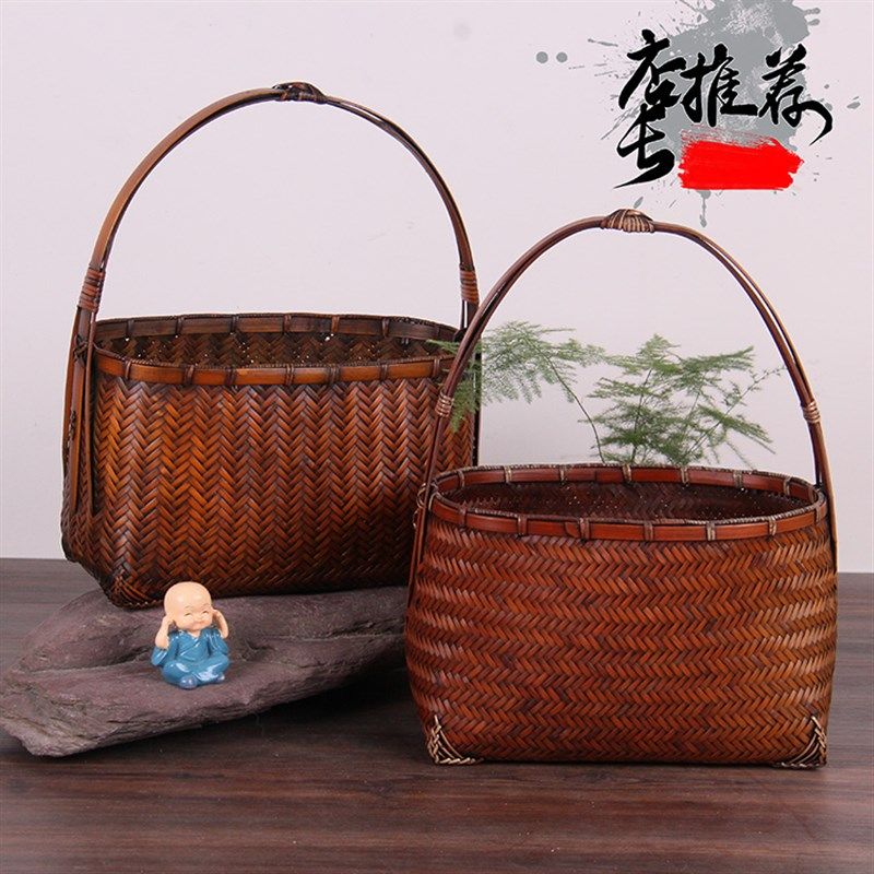 竹编提篮 手提篮子 竹筐收纳篮 复古做旧茶具收纳 竹编包 竹制品