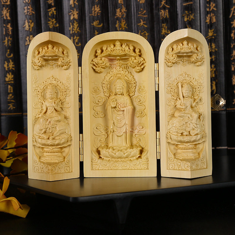 黄杨木雕佛像摆件 西方三圣木雕艺术品 南海观音木雕家居装饰