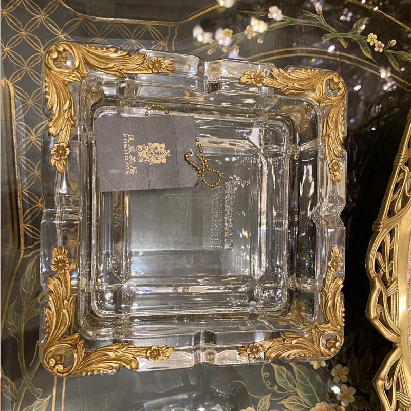 凤凰美居法式艺术奢华客厅家用捷克水晶镶铜烟灰缸工艺品桌面摆件