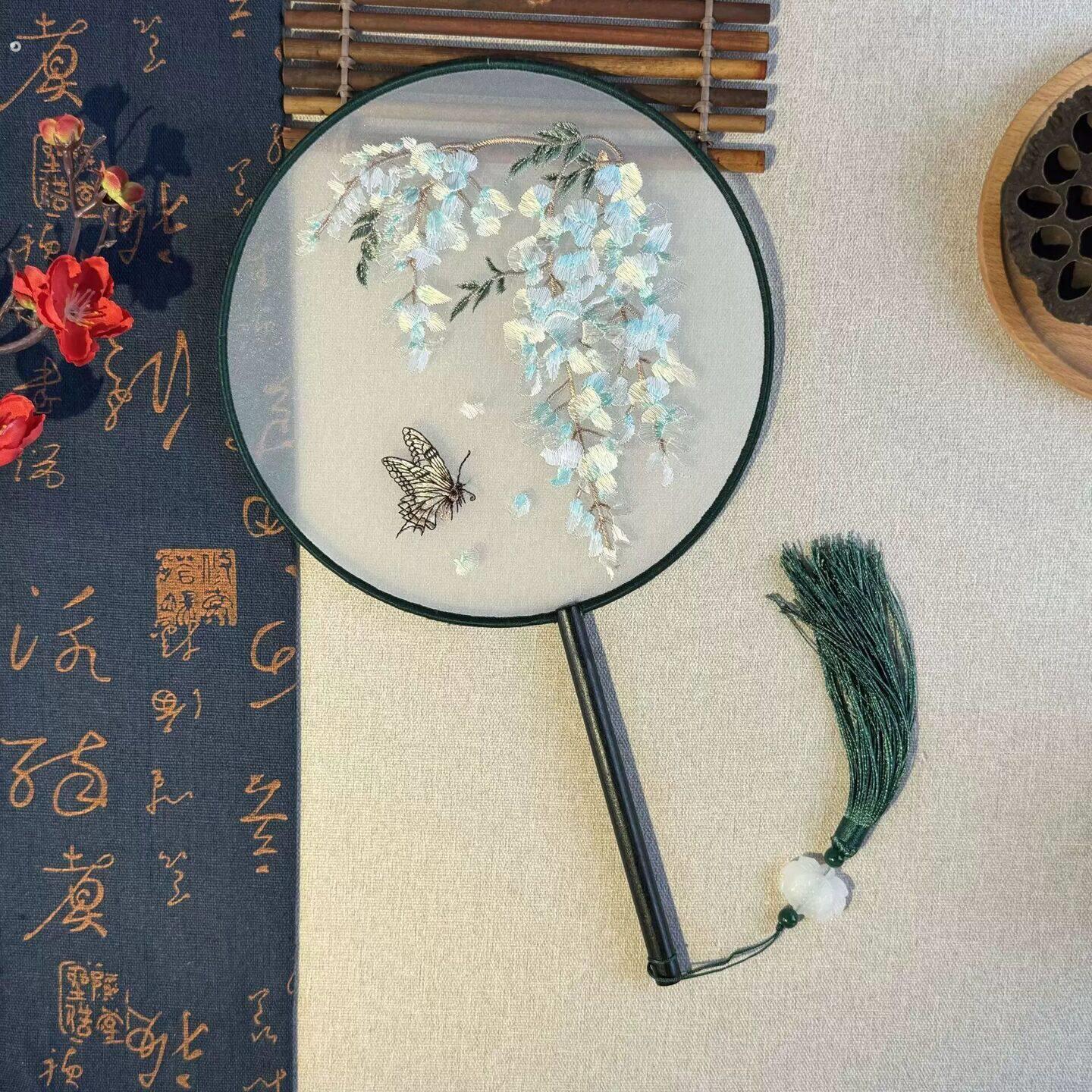 双面团扇古风中国风女式长柄流苏汉服旗袍跳舞蹈扇幼儿夏圆形扇子