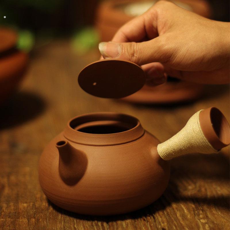 朱泥手拉砂铫纯手工侧把煮茶壶日式家用烧水泡茶粗陶岩泥壶防干烧