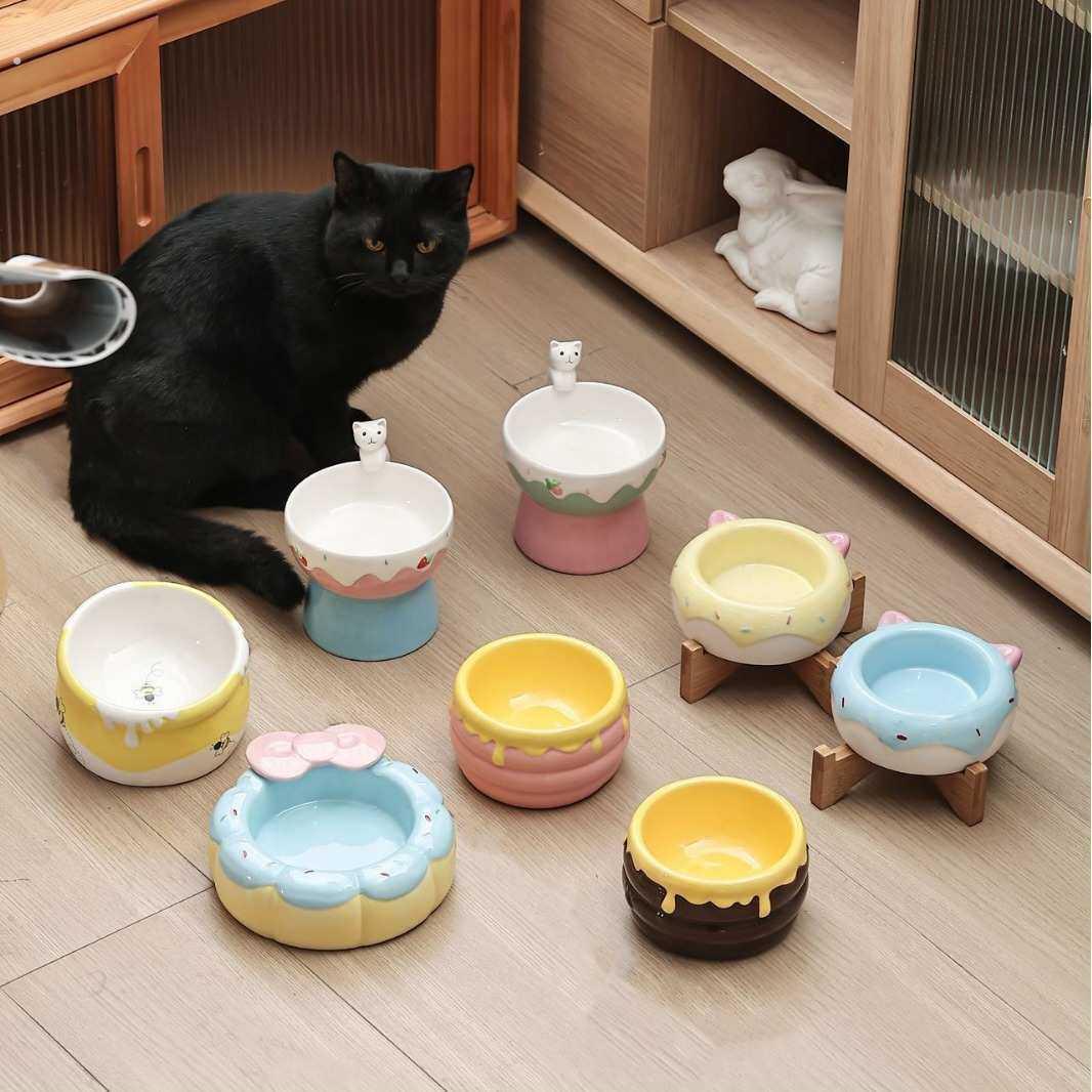 蜂蜜罐猫碗陶瓷一对猫食盆不易打翻保护颈椎防黑下巴斜口粮碗水