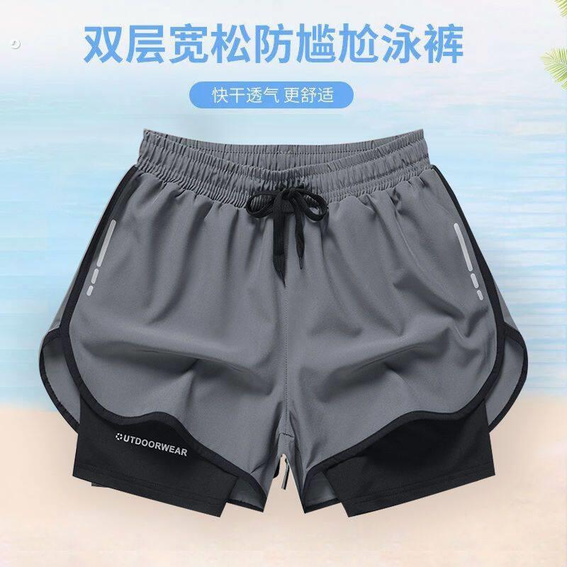 男士沙滩泳裤游泳衣单件防尴尬假两件式运动健身短裤5分裤子平角
