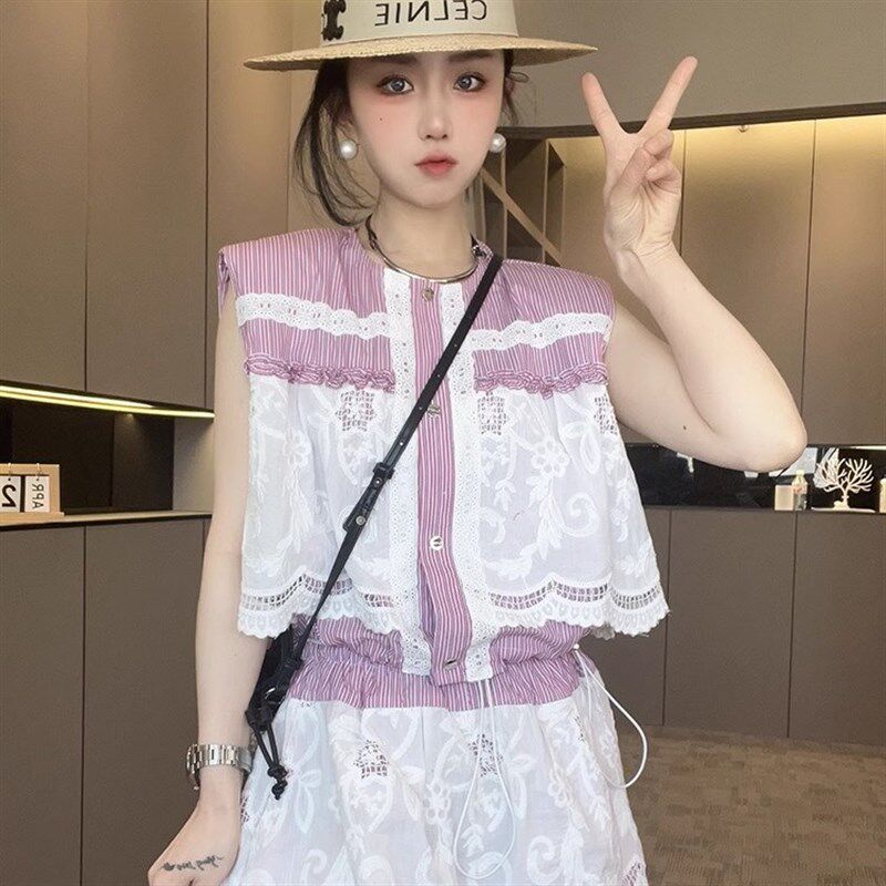 单排扣无袖衬衫高腰短裤裙蕾丝钩花条纹套装两件套女2025夏季新款