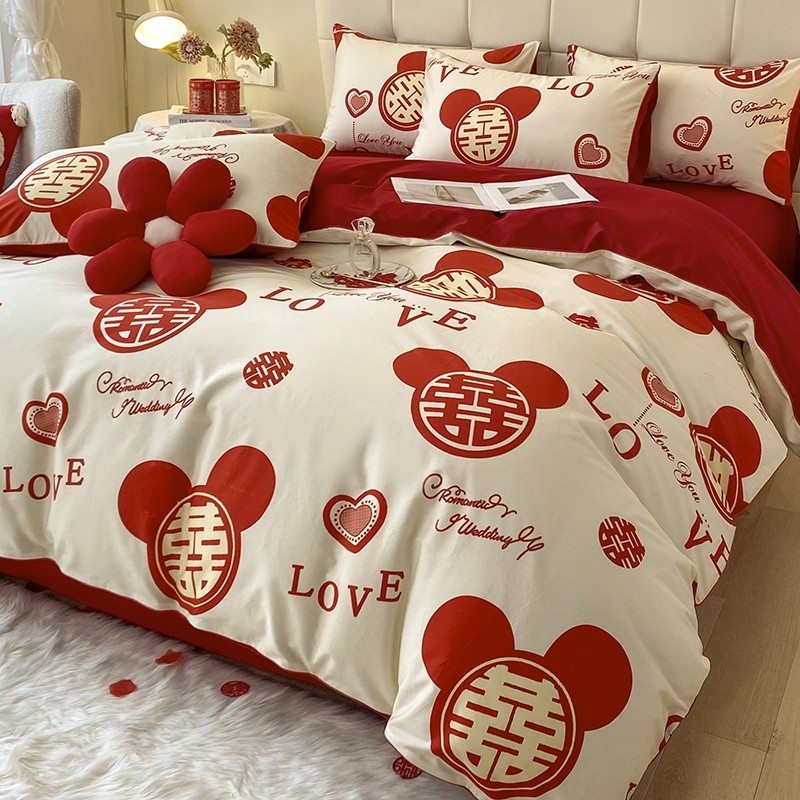 简约婚庆四件套红色被套床单婚房喜被新婚庆结婚床上用品婚礼陪嫁