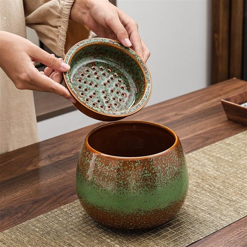 陶窑茶渣罐与过滤茶桶桌面茶桌废水桶水碗茶洗茶道茶具配件