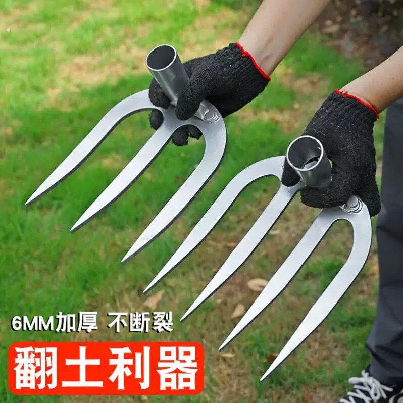 家用种菜锄头不锈钢加厚三齿钉耙子加厚木柄刨土挖地除锄草开荒新
