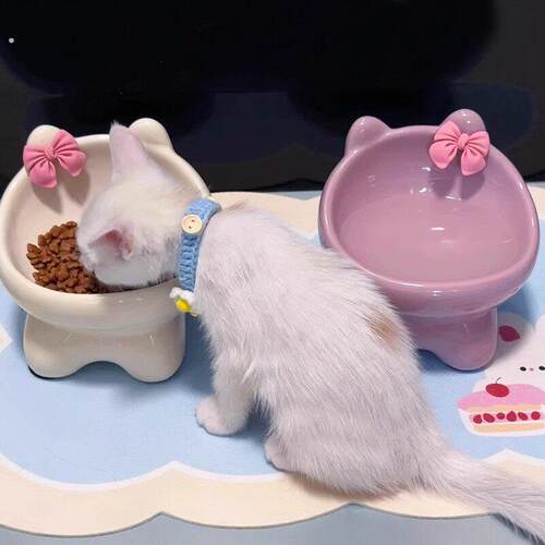 猫碗陶瓷碗可爱猫食盆喝水猫粮罐头保护颈椎不易打翻防黑下巴狗碗