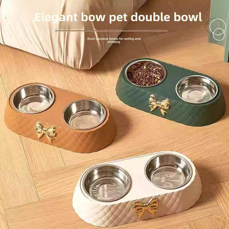 轻奢风新款宠物蝴蝶结碗猫狗粮饮水两用双碗狗盆宠物不锈钢猫狗碗