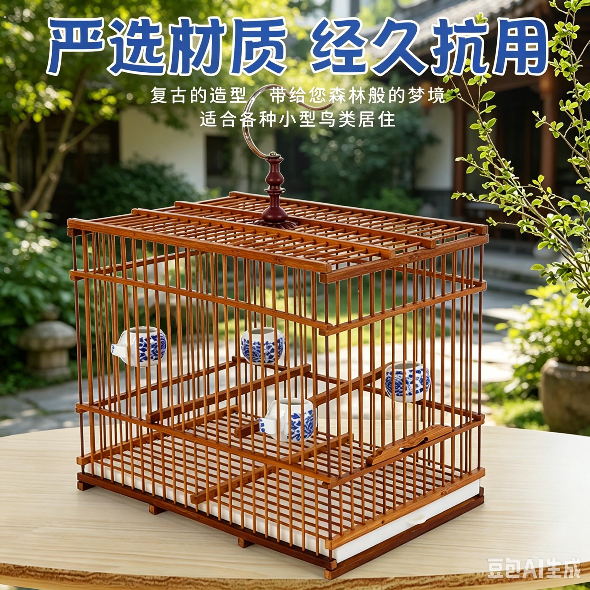 竹制1层复古木质观赏笼子鸟笼手工制作平顶小型鸟类笼子通用笼