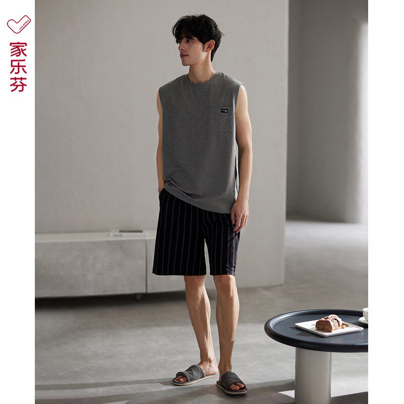 睡衣男士夏季无袖背心短裤纯棉家居服夏天夏款男款加大码休闲套装