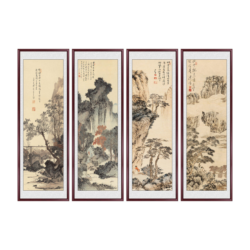 新中式客厅山水画沙发背景装饰画四联水墨玄关壁画茶室办公室挂画