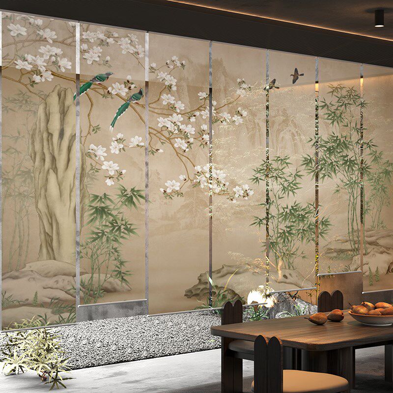 新中式屏风软隔断客厅门帘装饰茶室背景墙定制花鸟布艺卷帘窗帘