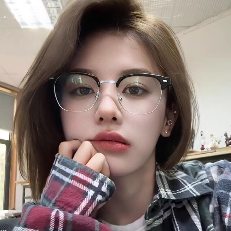 素颜半框近视眼镜女款高级感可配度数黑框防蓝光男平光镜大框镜片