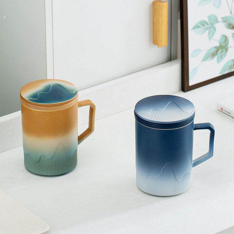 渐层茶水分离杯泡茶杯带盖子过滤马克杯个人高档家用办公室杯子刻