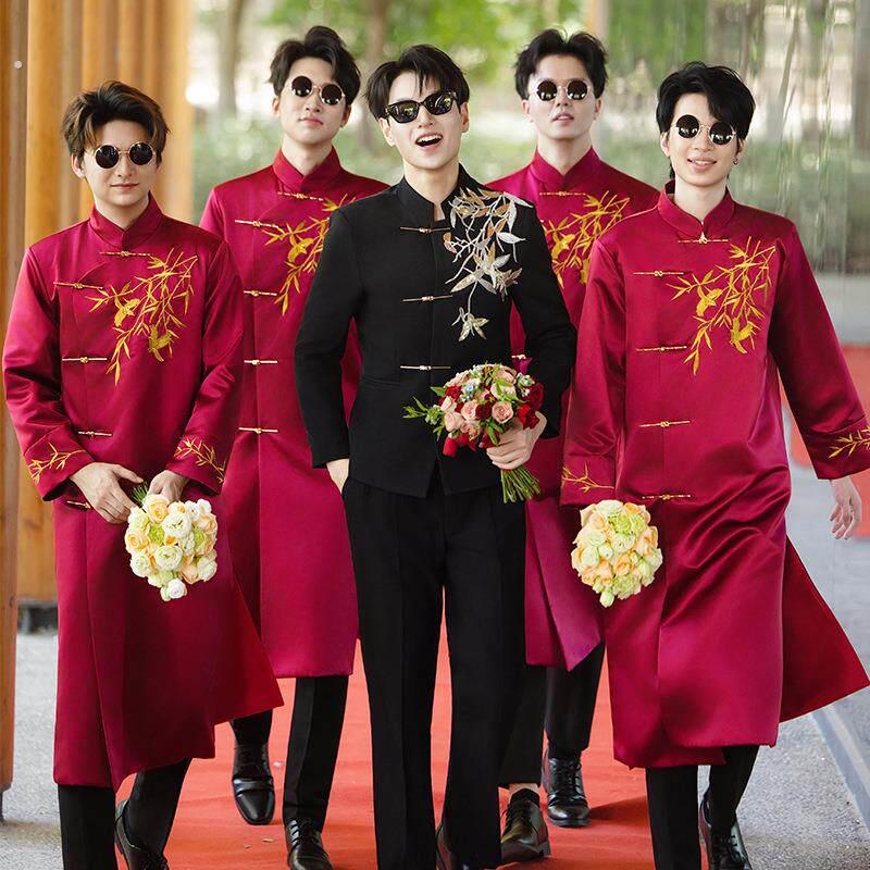 伴郎服中式兄弟装礼服搞笑中国风结婚唐装大褂旗袍伴郎服兄弟团男