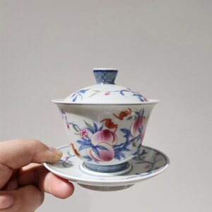 恒福仿古普惠主人单杯陶瓷功夫喝茶杯茶碗盖碗三才碗青花寿桃山水