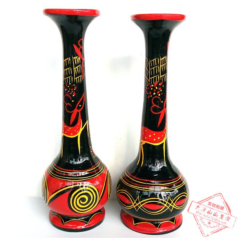 凉山彝族漆器实木花瓶 民间漆器彩绘纯手工艺品特色长劲 花瓶摆件